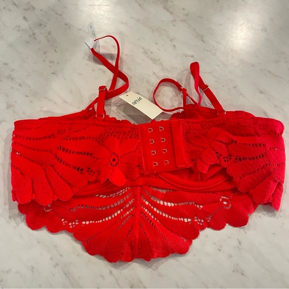 Aerie Red and Gold Lace Balconette Bra with Underwire and Scalloped Trim - Picture 8 of 12